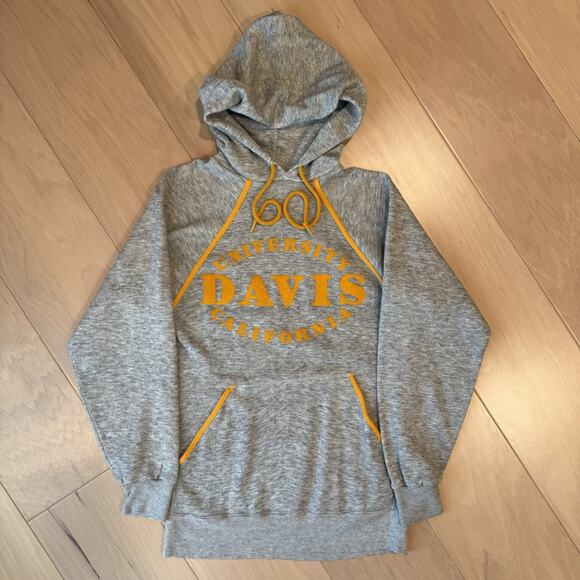 Vintage UC Davis Hoodie S Gray 70s Fleece Pullover California Davis University - Picture 2 of 9